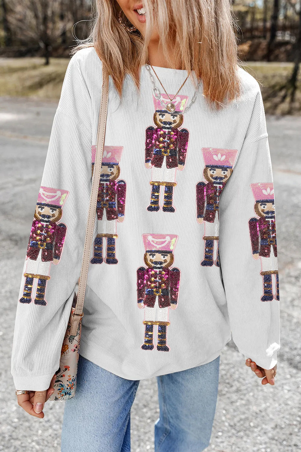 White Sequin Nutcracker Graphic Christmas Fashion Corded Sweatshirt - Aaria Tees Aaria Tees