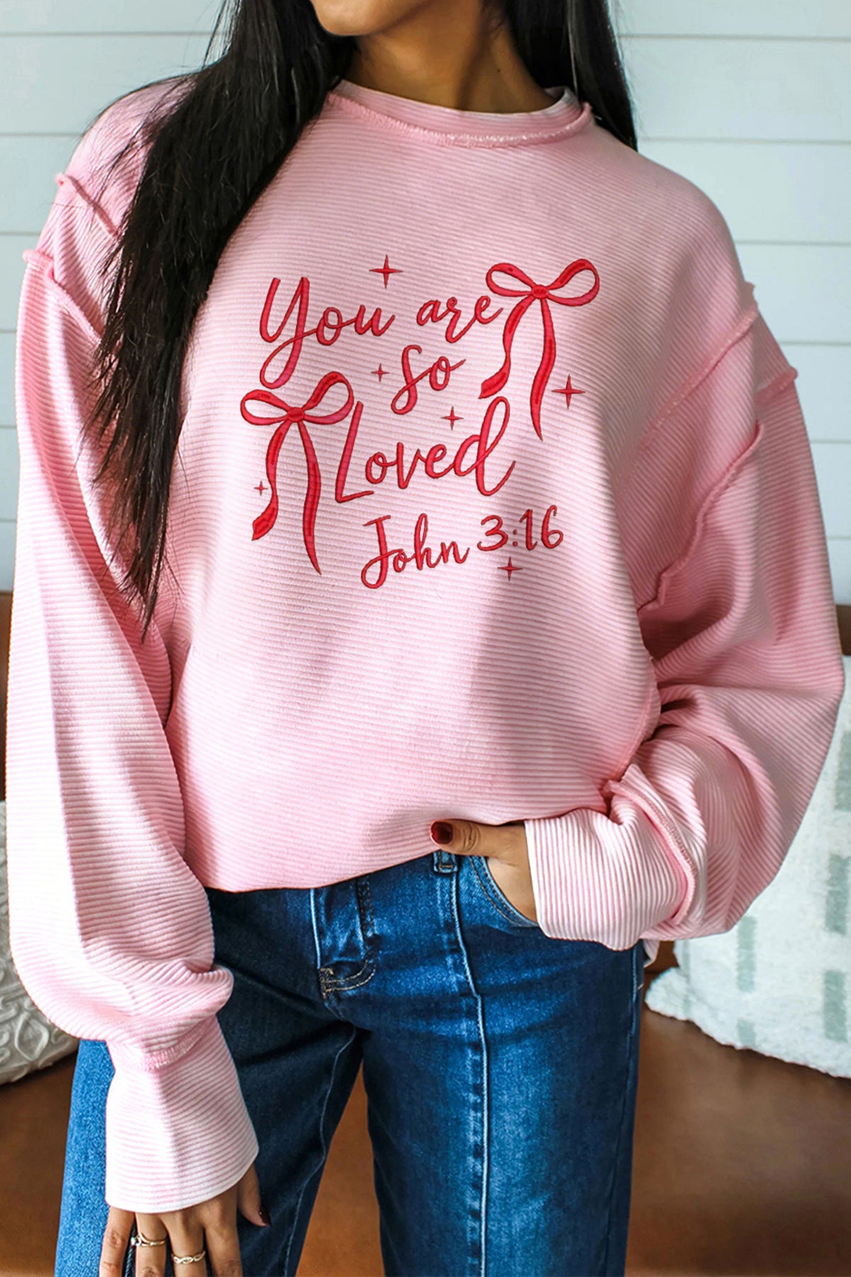 Pink you are so loved Valentines Day Bow Embroidered Graphic Pullover Top - Aaria Tees