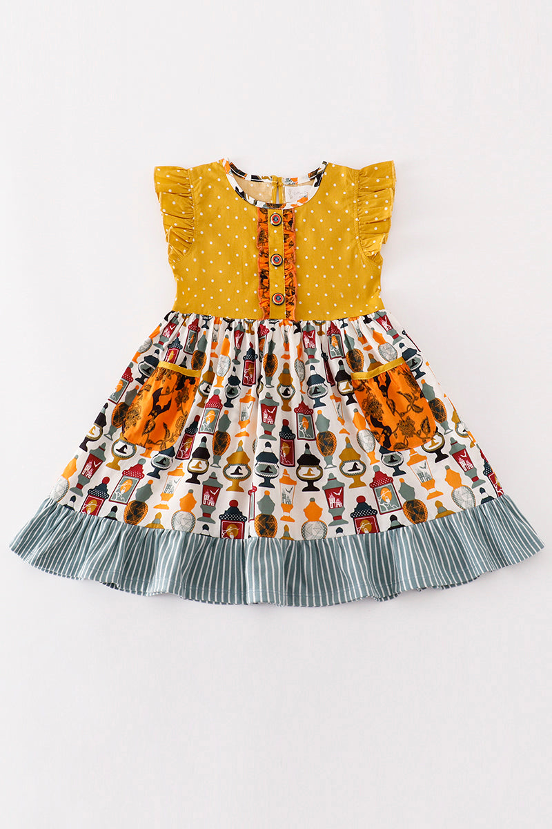 Platinum Yellow halloween dot ruffle pocket dress - Aaria Tees