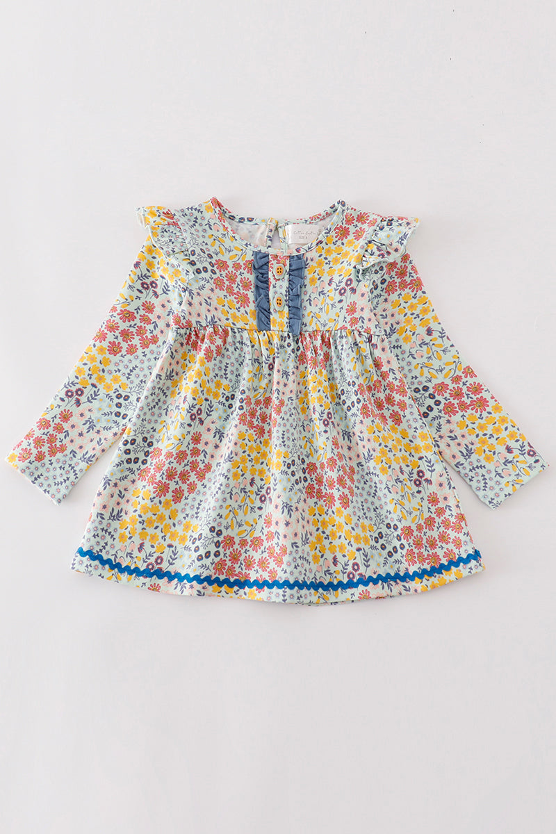 Platinum Blue floral print ruffle dress - Aaria Tees