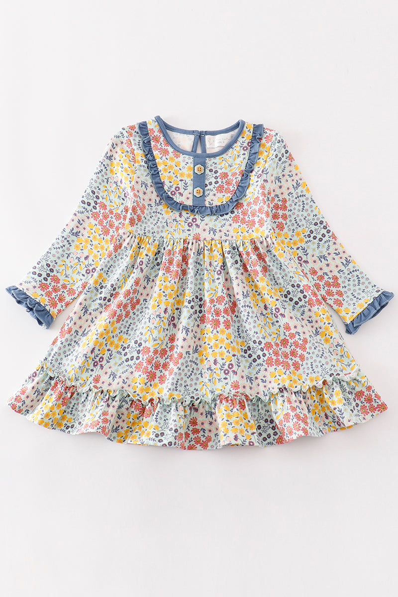 Platinum Blue floral print ruffle dress - Aaria Tees Aaria Tees
