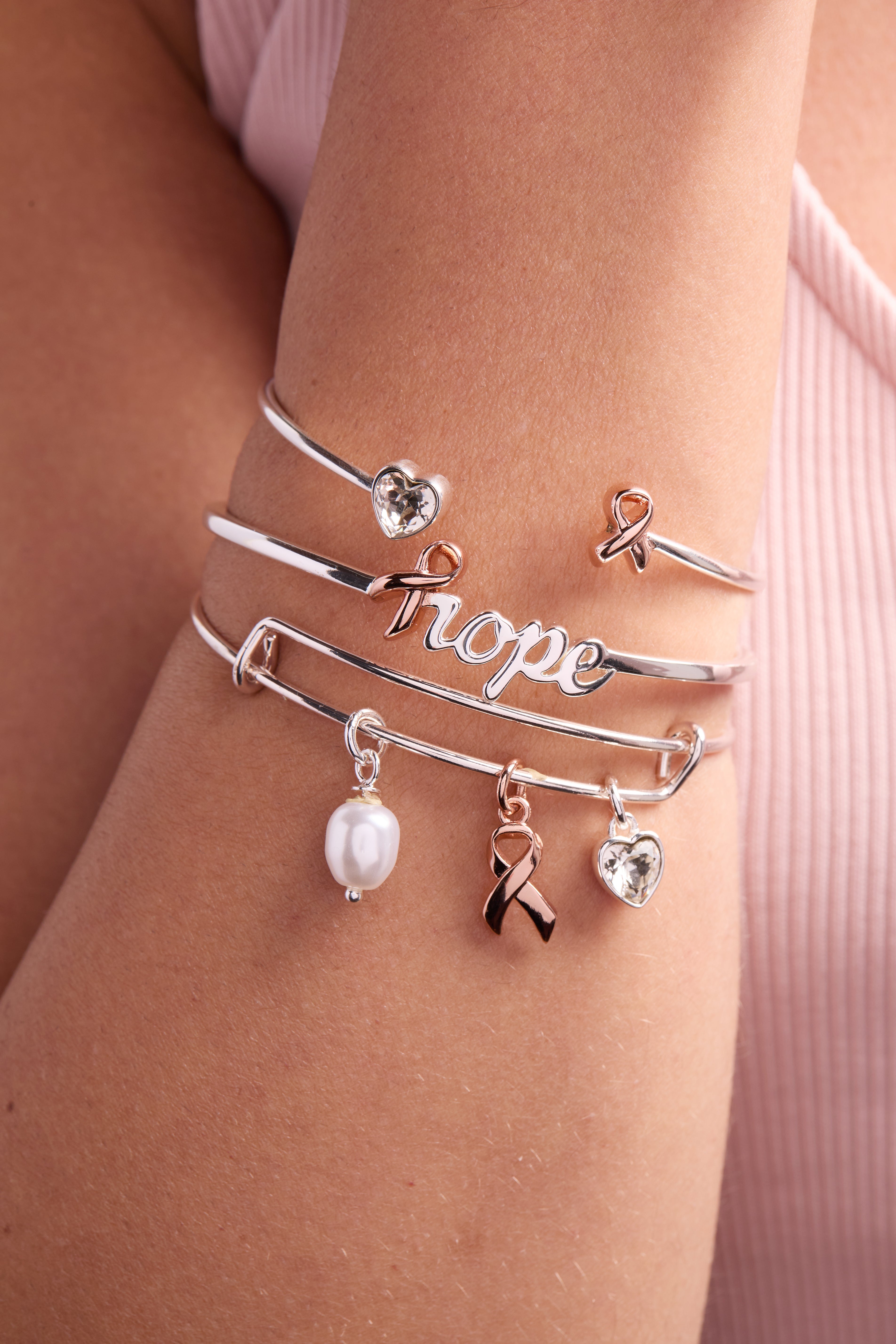 Breast Cancer Awareness Pink Ribbon Trio Charm Bangle - Aaria Tees Aaria Tees