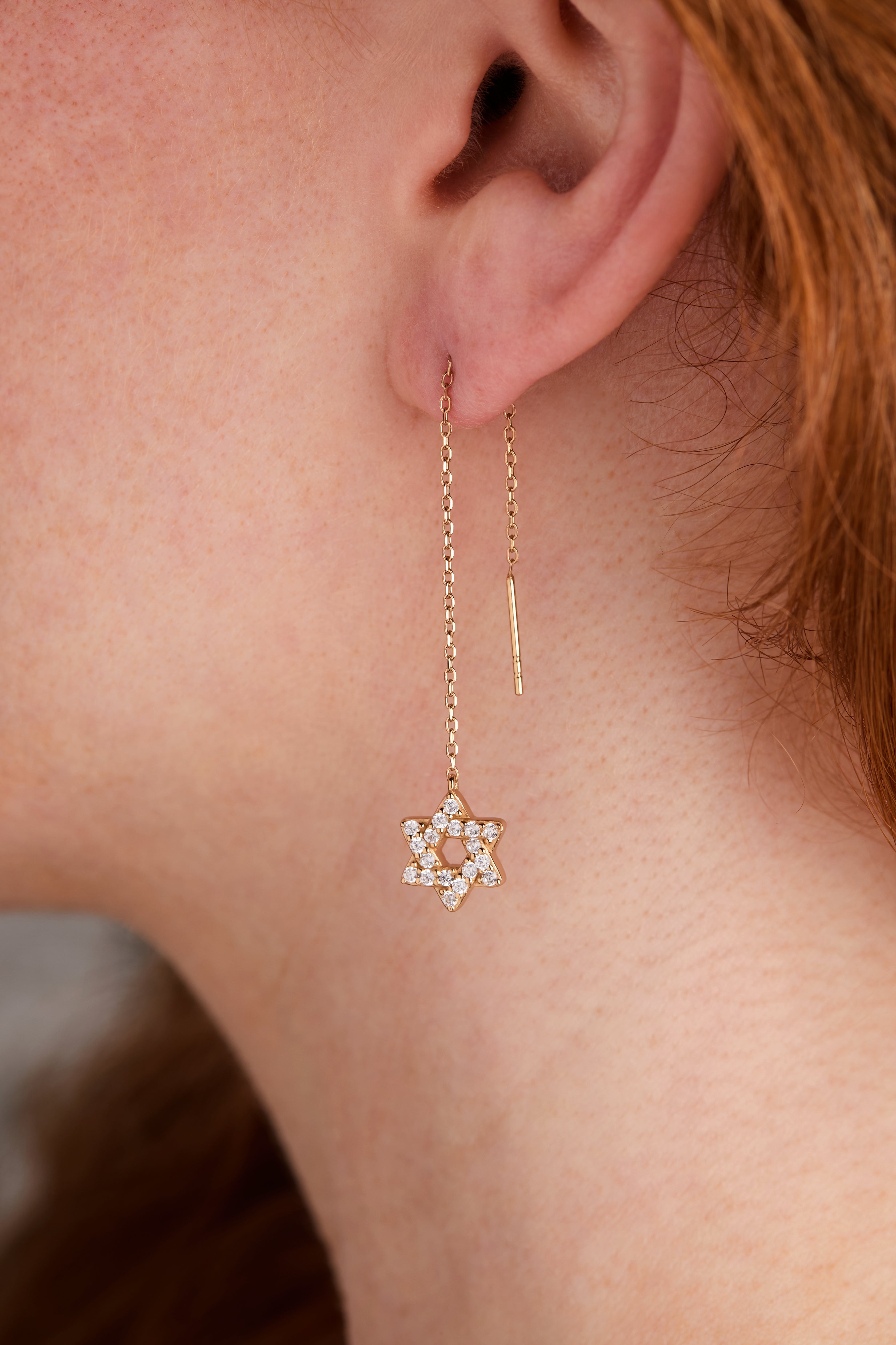 Star of David Delicate Pave Crystal Threader Earrings - Aaria Tees Aaria Tees