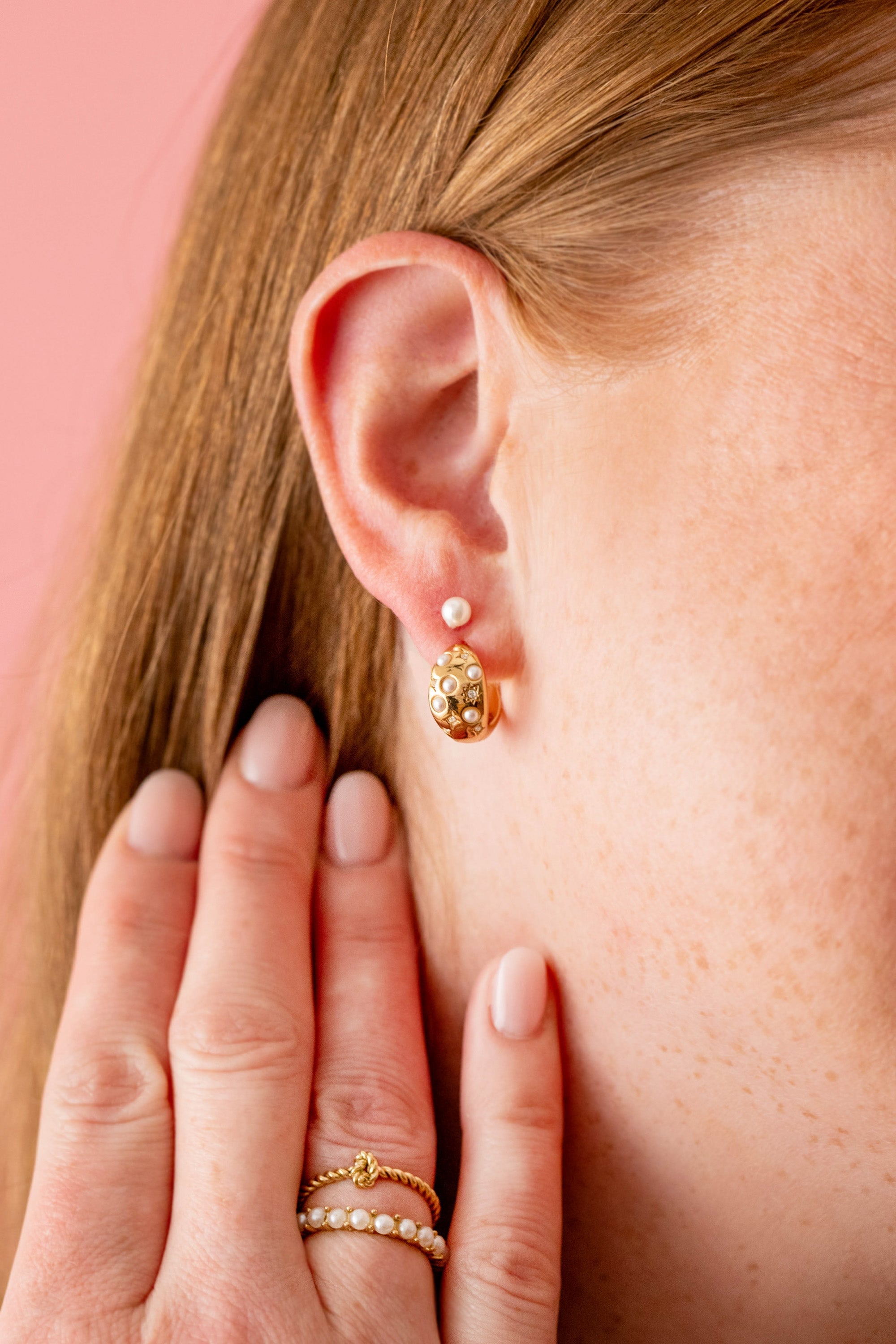 Pearl and Crystal Huggie Hoop Earrings - Aaria Tees Aaria Tees