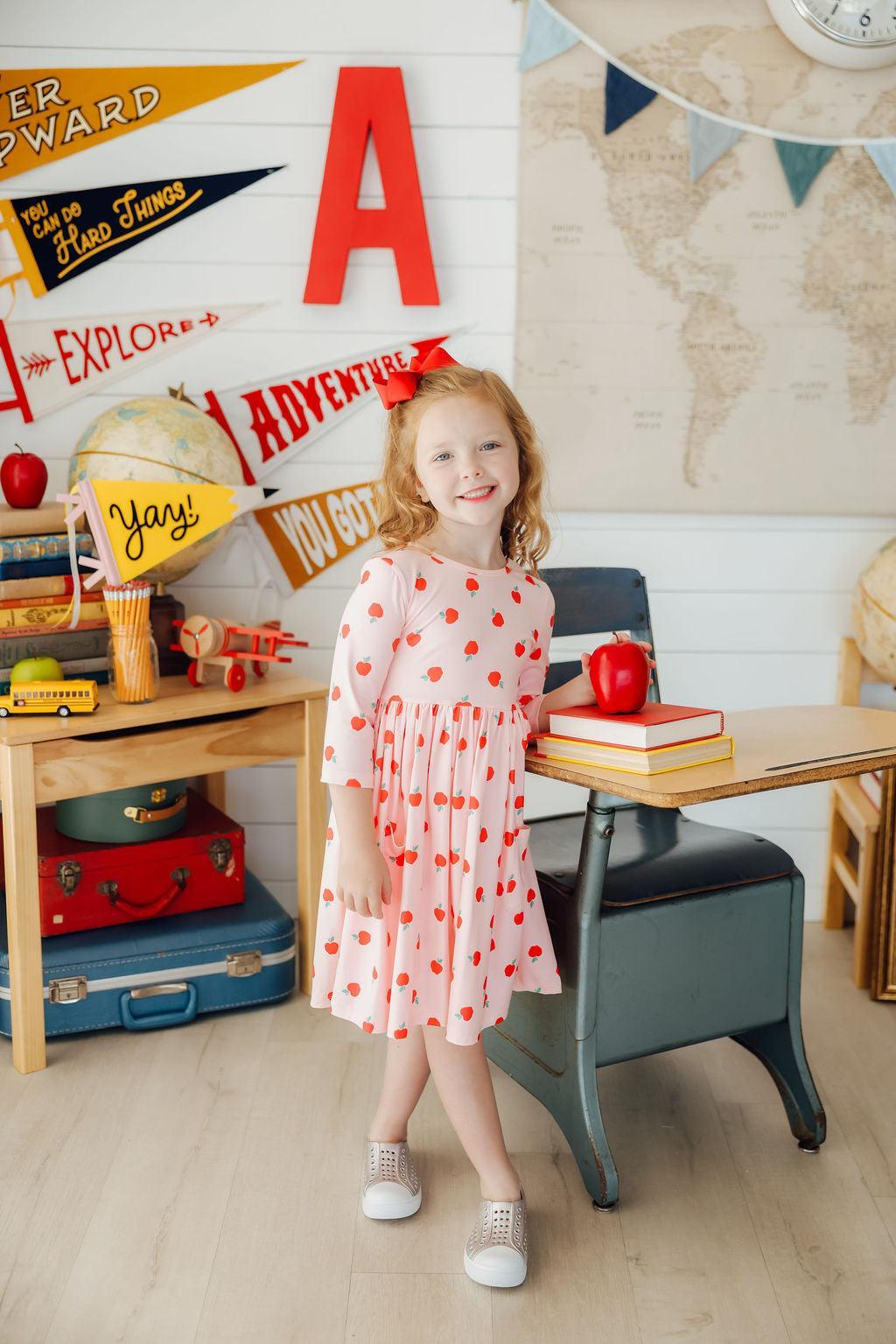 An Apple a Day 3/4 Sleeve Pocket Twirl Dress - Aaria Tees