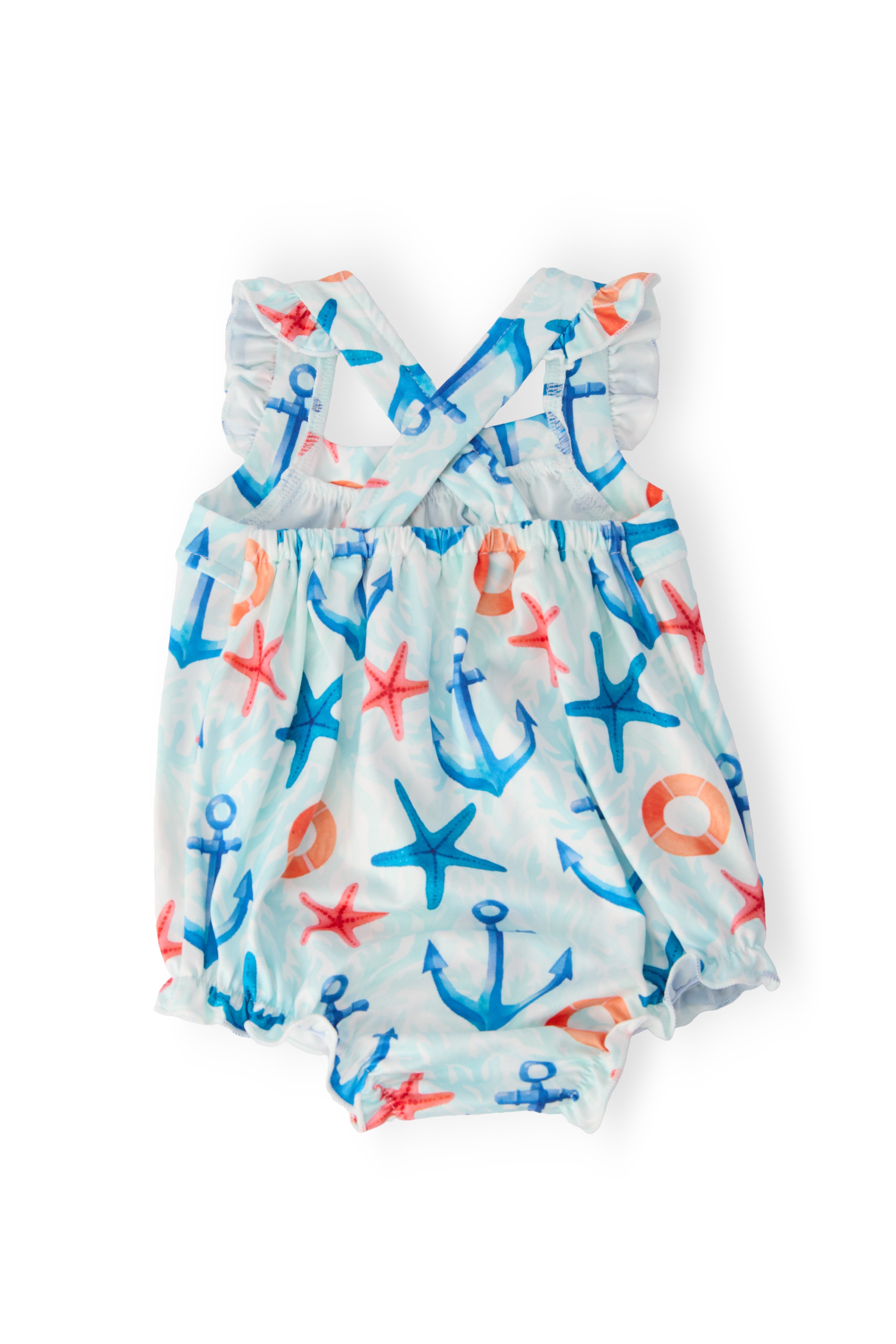 Anchors Away Ruffle Cross Back Romper - Aaria Tees Aaria Tees