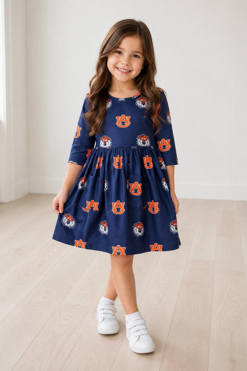 Auburn Blue Aubie 3/4 Sleeve Pocket Twirl Dress - Aaria Tees Aaria Tees