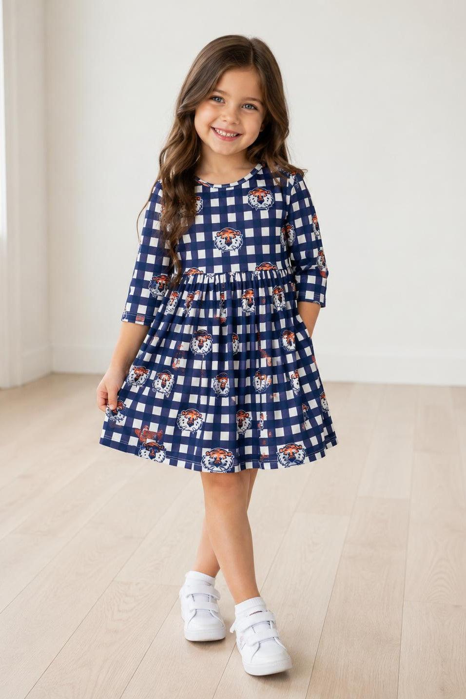 Auburn Plaid Aubie 3/4 Sleeve Pocket Twirl Dress - Aaria Tees