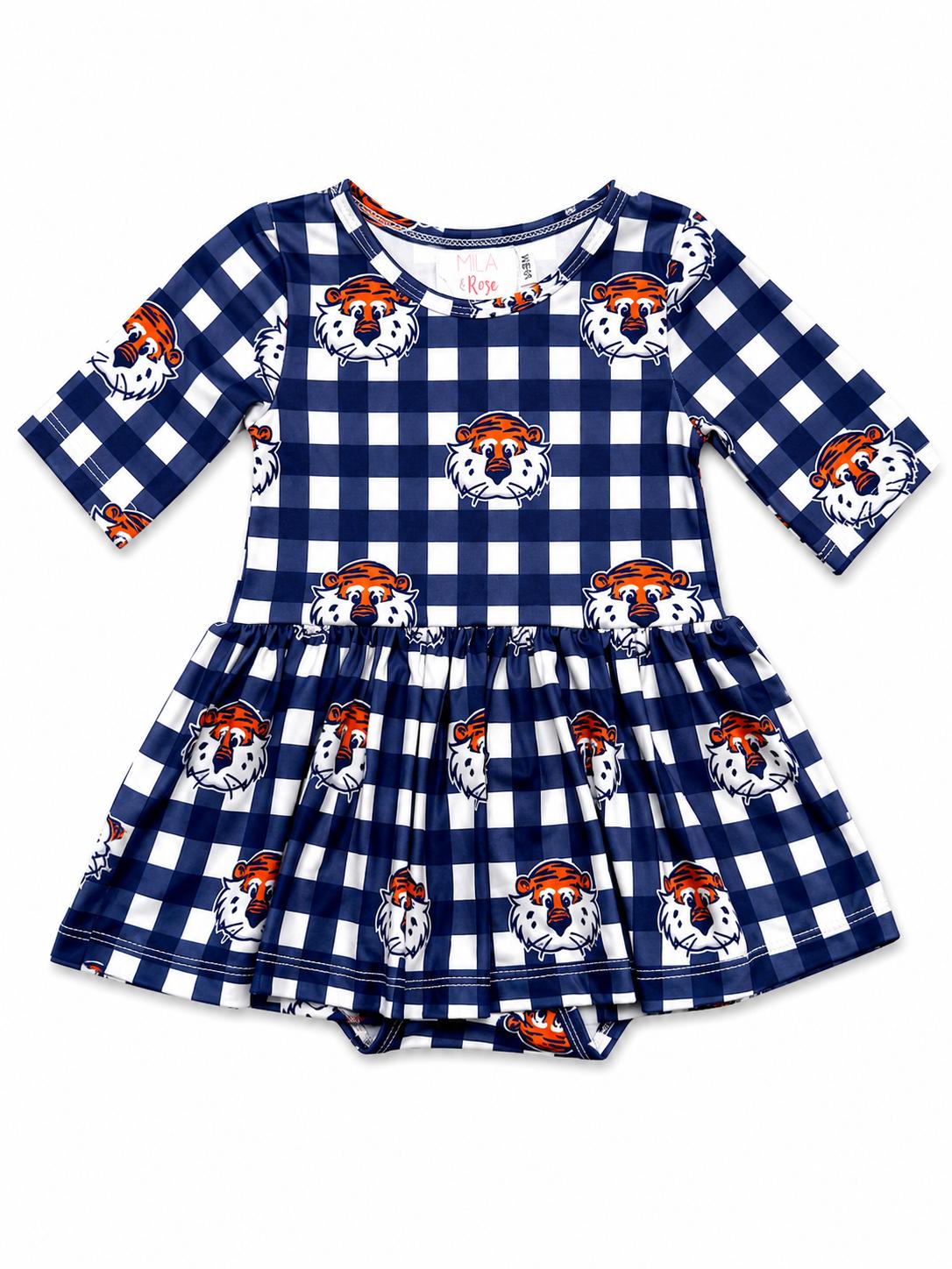 Auburn Plaid Aubie 3/4 Sleeve Twirl Bodysuit - Aaria Tees Aaria Tees