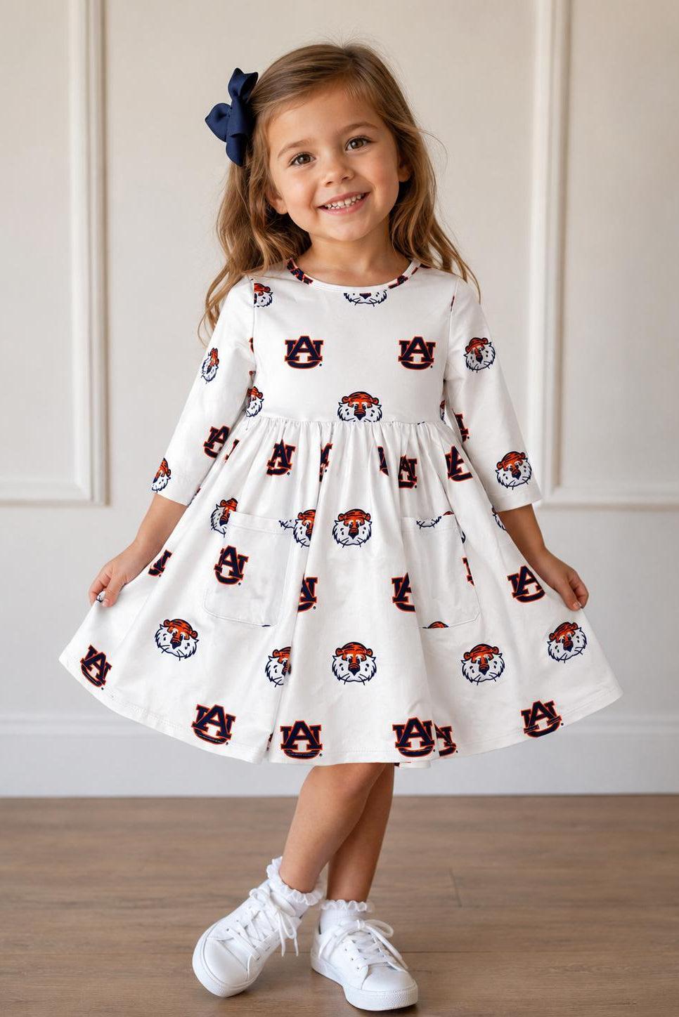 Auburn White Aubie 3/4 Sleeve Pocket Twirl Dress - Aaria Tees Aaria Tees