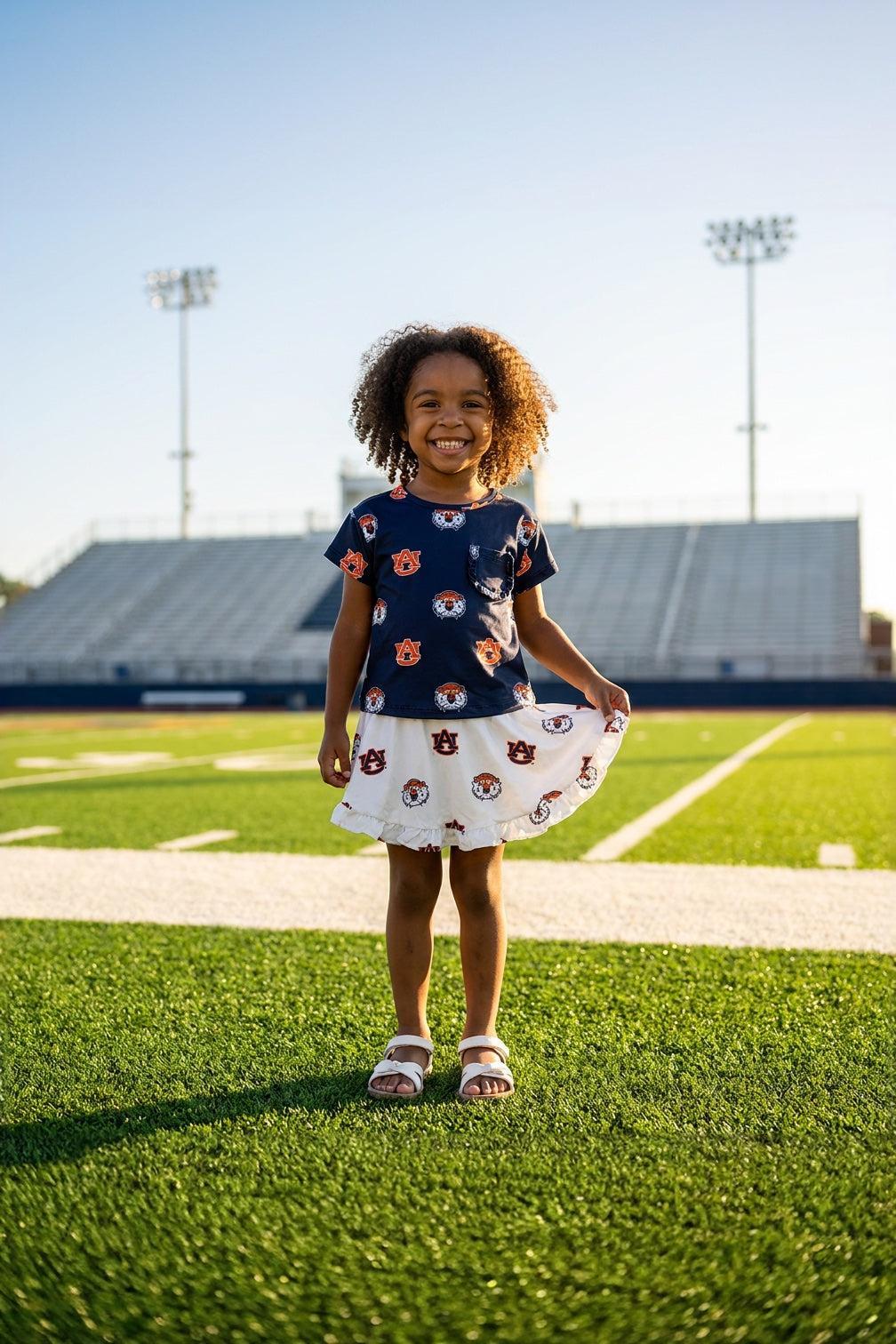 Auburn Blue Aubie Ruffle Pocket Tee - Aaria Tees Aaria Tees