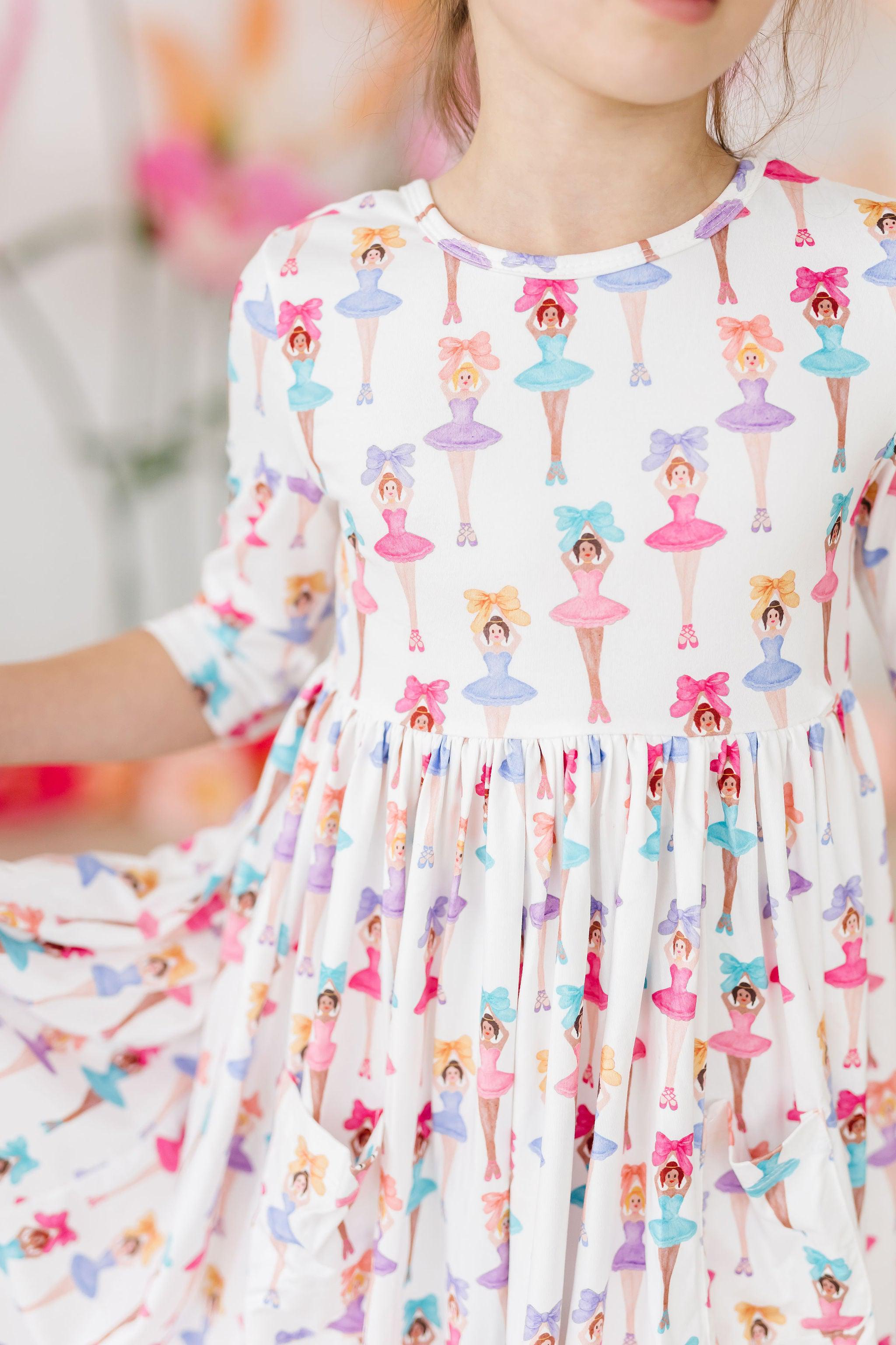 Ballerina Bows 3/4 Sleeve Pocket Twirl Dress - Aaria Tees Aaria Tees