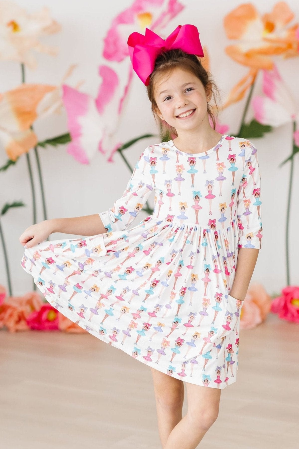 Ballerina Bows 3/4 Sleeve Pocket Twirl Dress - Aaria Tees