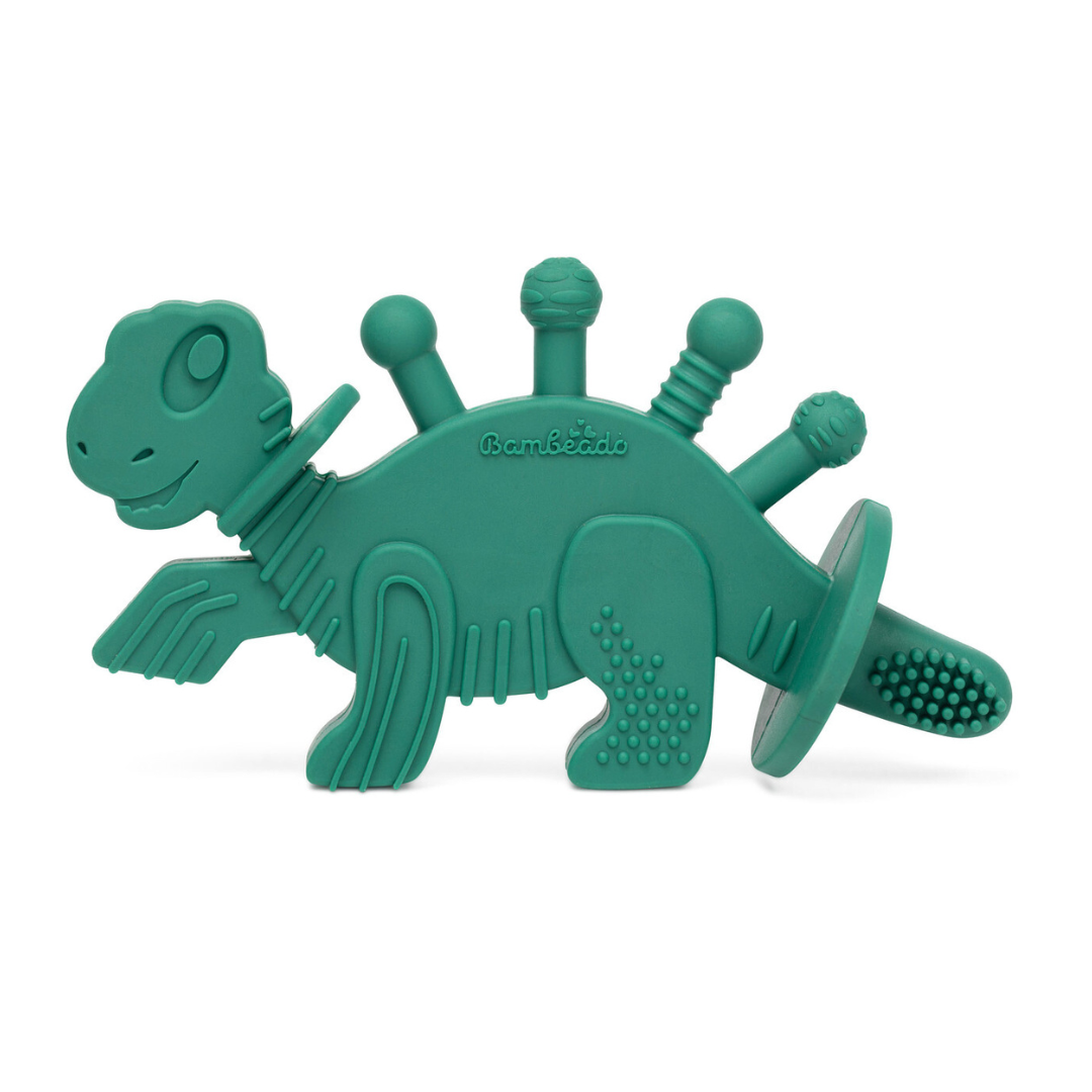 Dibly - Green - Baltic Amber & Natural Rubber Dinosaur Teether with Toothbrush Tail - Aaria Tees