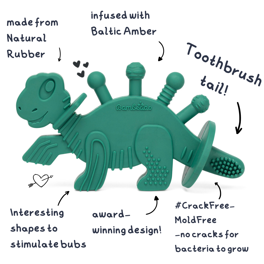 Dibly - Green - Baltic Amber & Natural Rubber Dinosaur Teether with Toothbrush Tail - Aaria Tees Aaria Tees