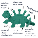Dibly - Green - Baltic Amber & Natural Rubber Dinosaur Teether with Toothbrush Tail - Aaria Tees Aaria Tees