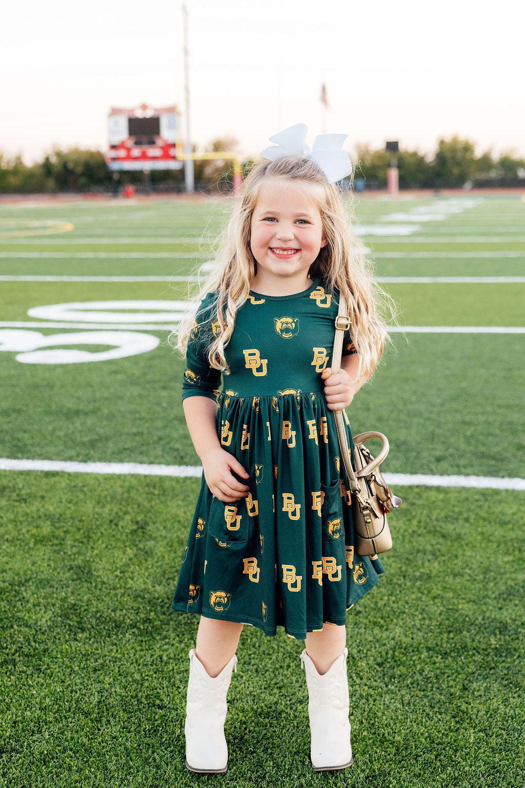 Baylor Green Bear 3/4 Sleeve Pocket Twirl Dress - Aaria Tees Aaria Tees