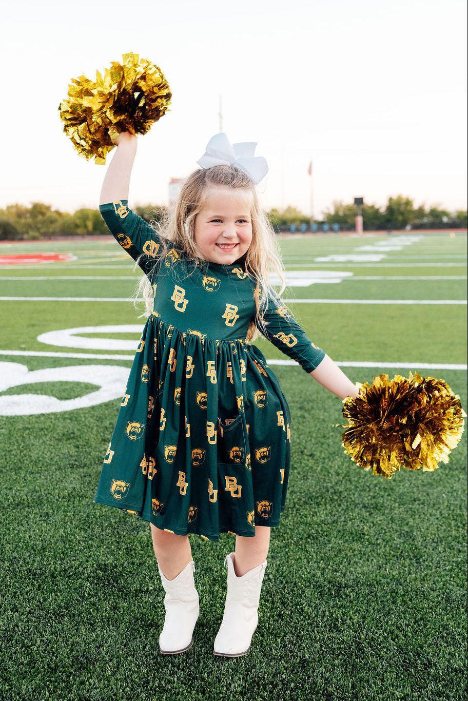 Baylor Green Bear 3/4 Sleeve Pocket Twirl Dress - Aaria Tees Aaria Tees