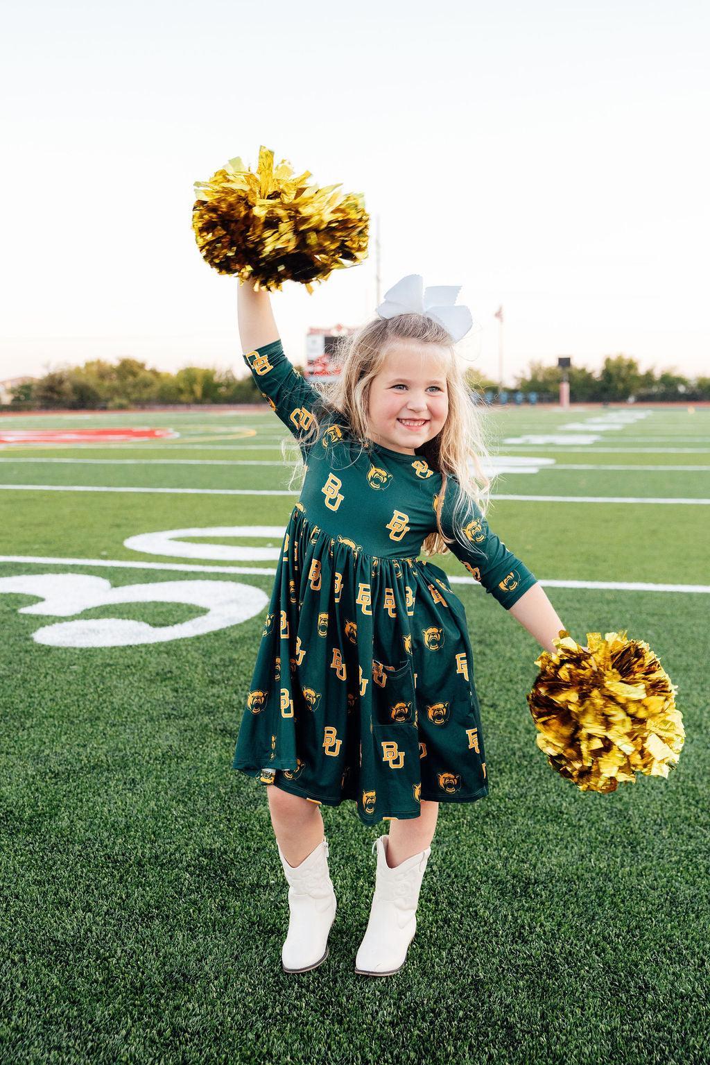 Baylor Green Bear 3/4 Sleeve Pocket Twirl Dress - Aaria Tees Aaria Tees
