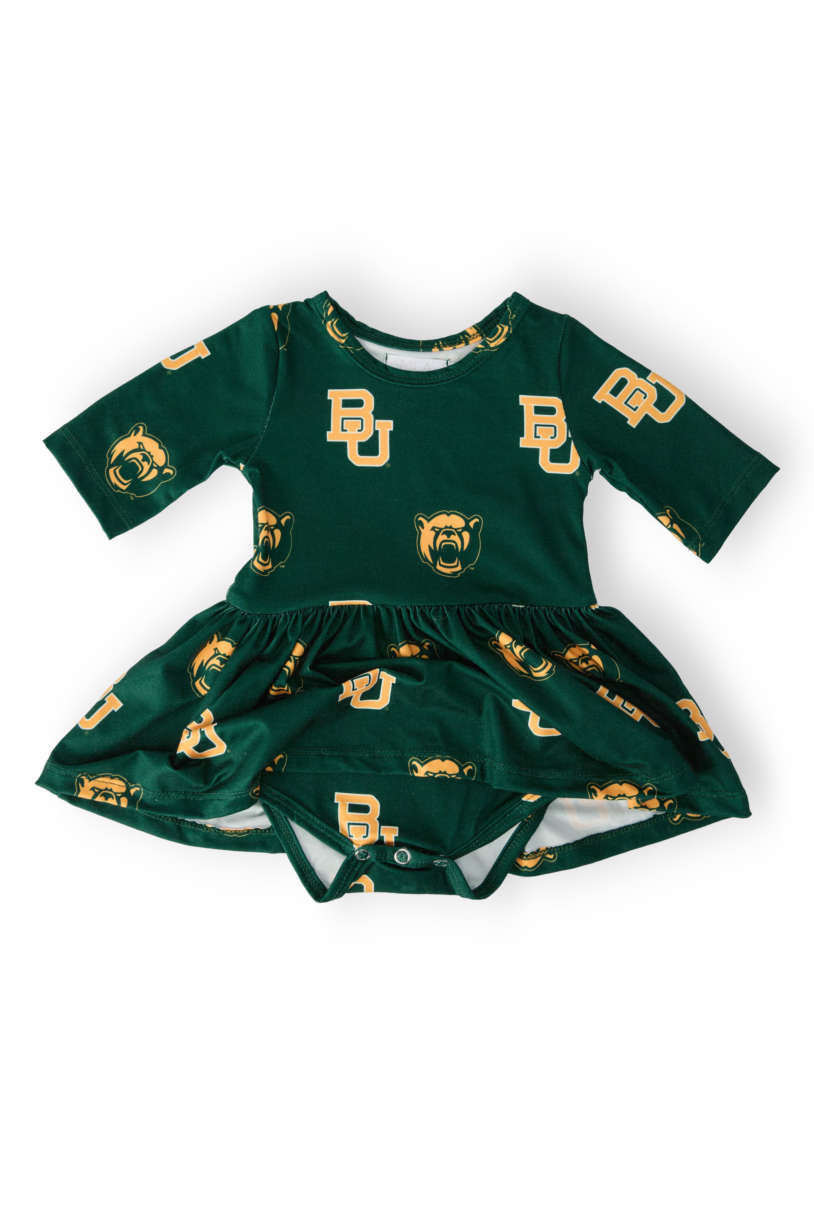 Baylor Green Bear 3/4 Sleeve Twirl Bodysuit - Aaria Tees Aaria Tees