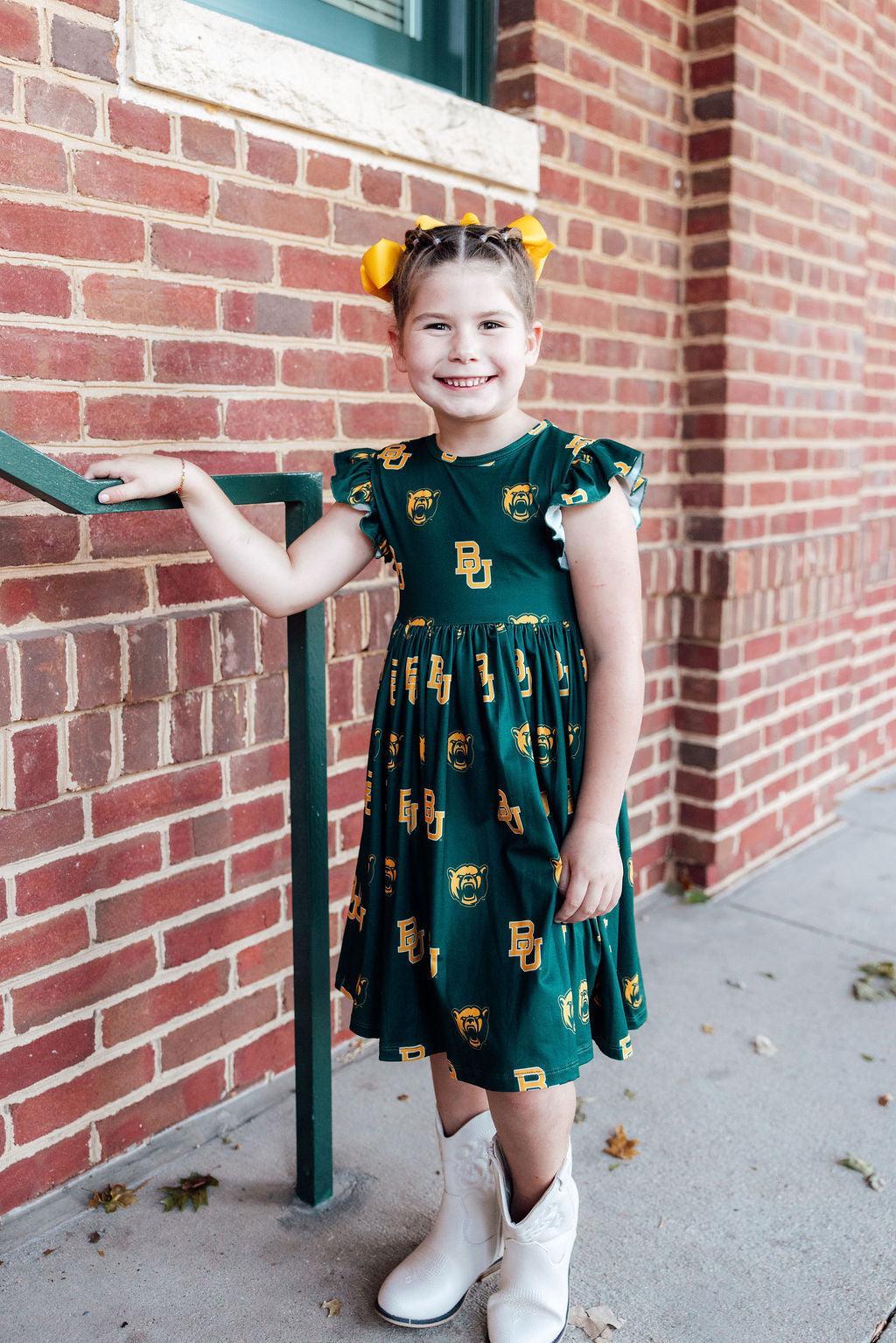 Baylor Green Bear Flutter Twirl Dress - Aaria Tees Aaria Tees