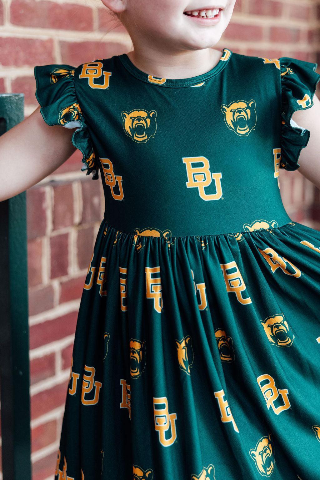 Baylor Green Bear Flutter Twirl Dress - Aaria Tees
