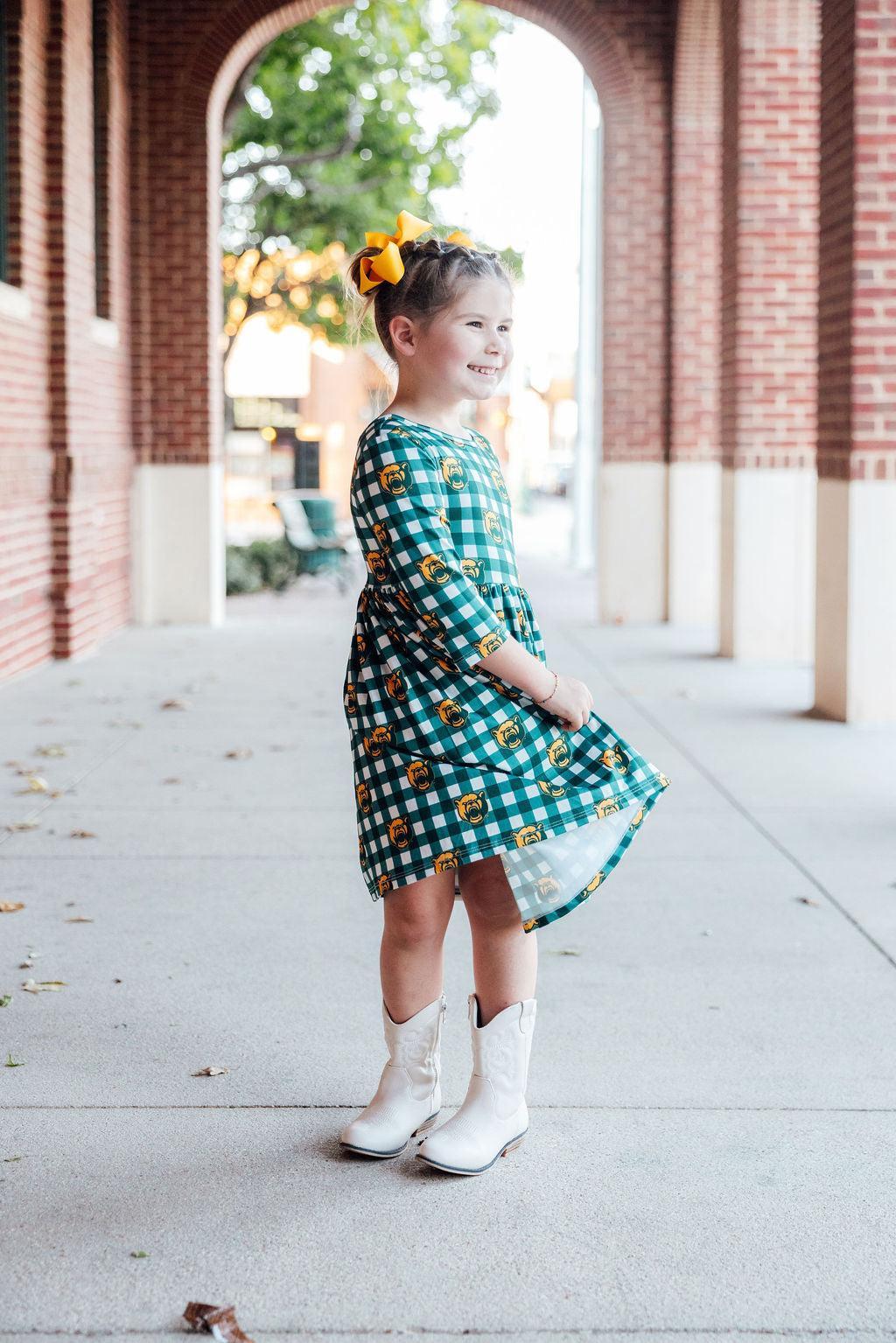 Baylor Plaid Bear 3/4 Sleeve Pocket Twirl Dress - Aaria Tees Aaria Tees