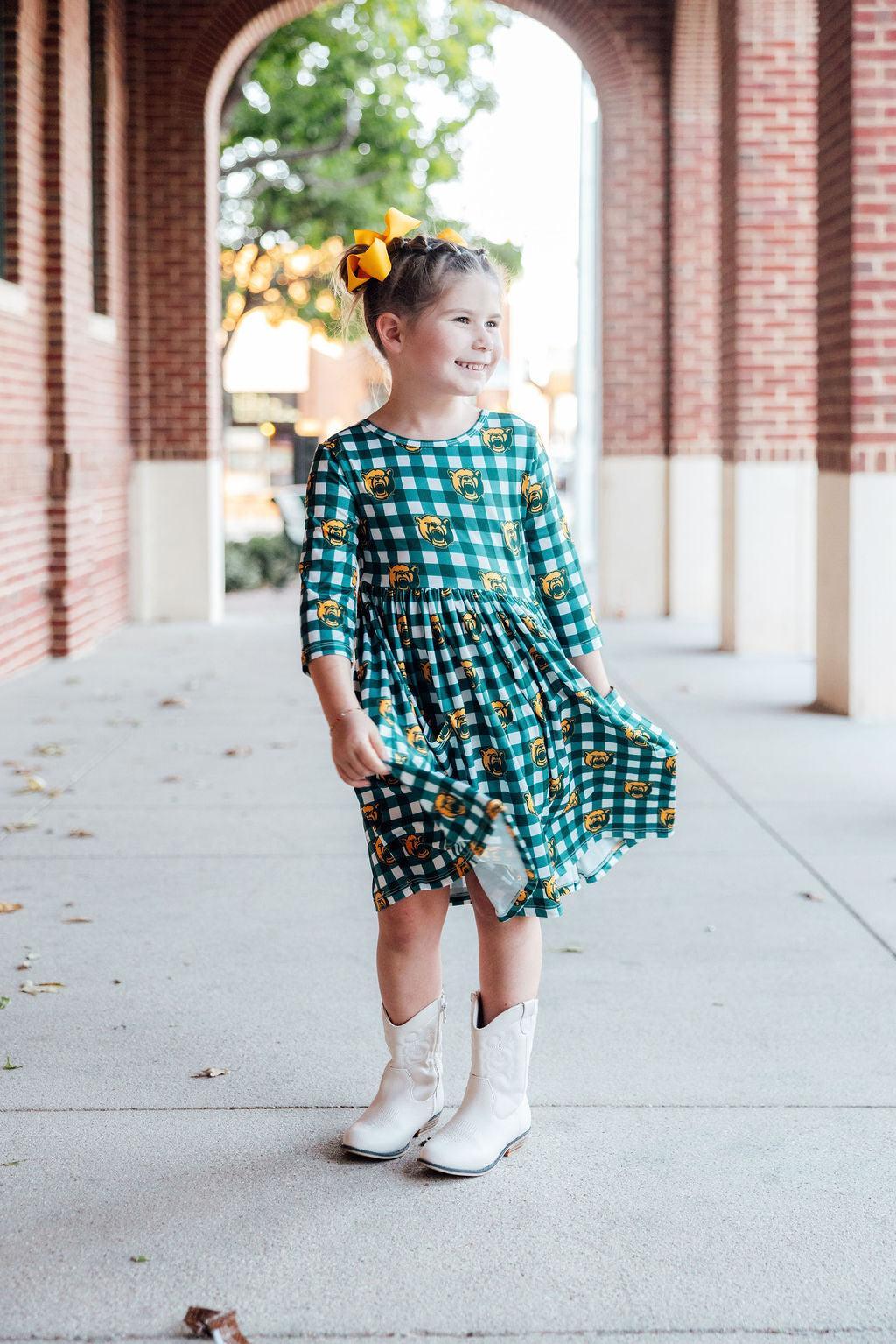 Baylor Plaid Bear 3/4 Sleeve Pocket Twirl Dress - Aaria Tees Aaria Tees