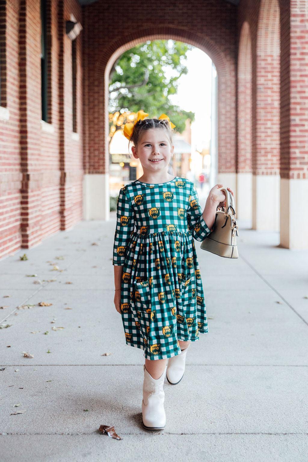 Baylor Plaid Bear 3/4 Sleeve Pocket Twirl Dress - Aaria Tees Aaria Tees