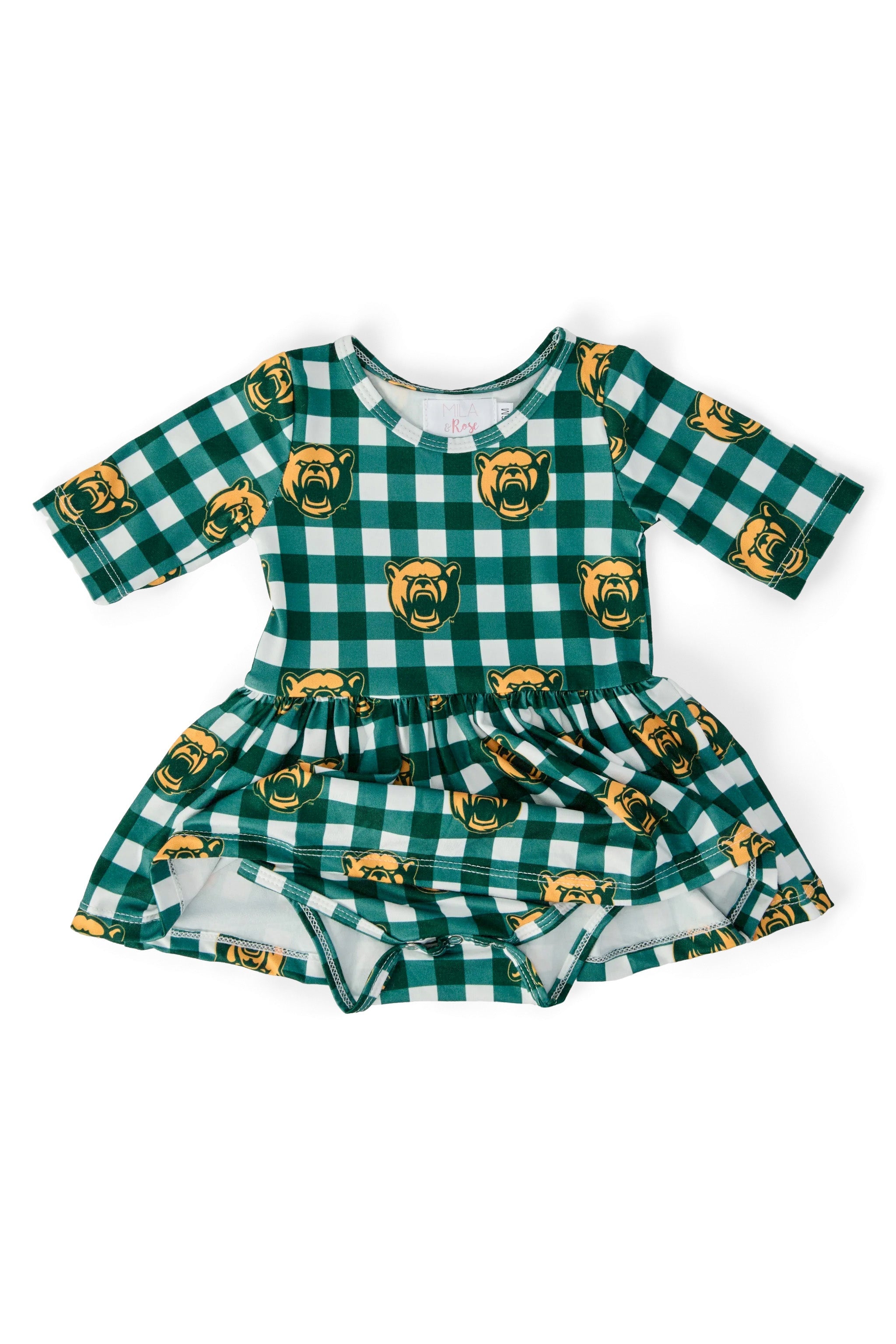 Baylor Plaid Bear 3/4 Sleeve Twirl Bodysuit - Aaria Tees Aaria Tees