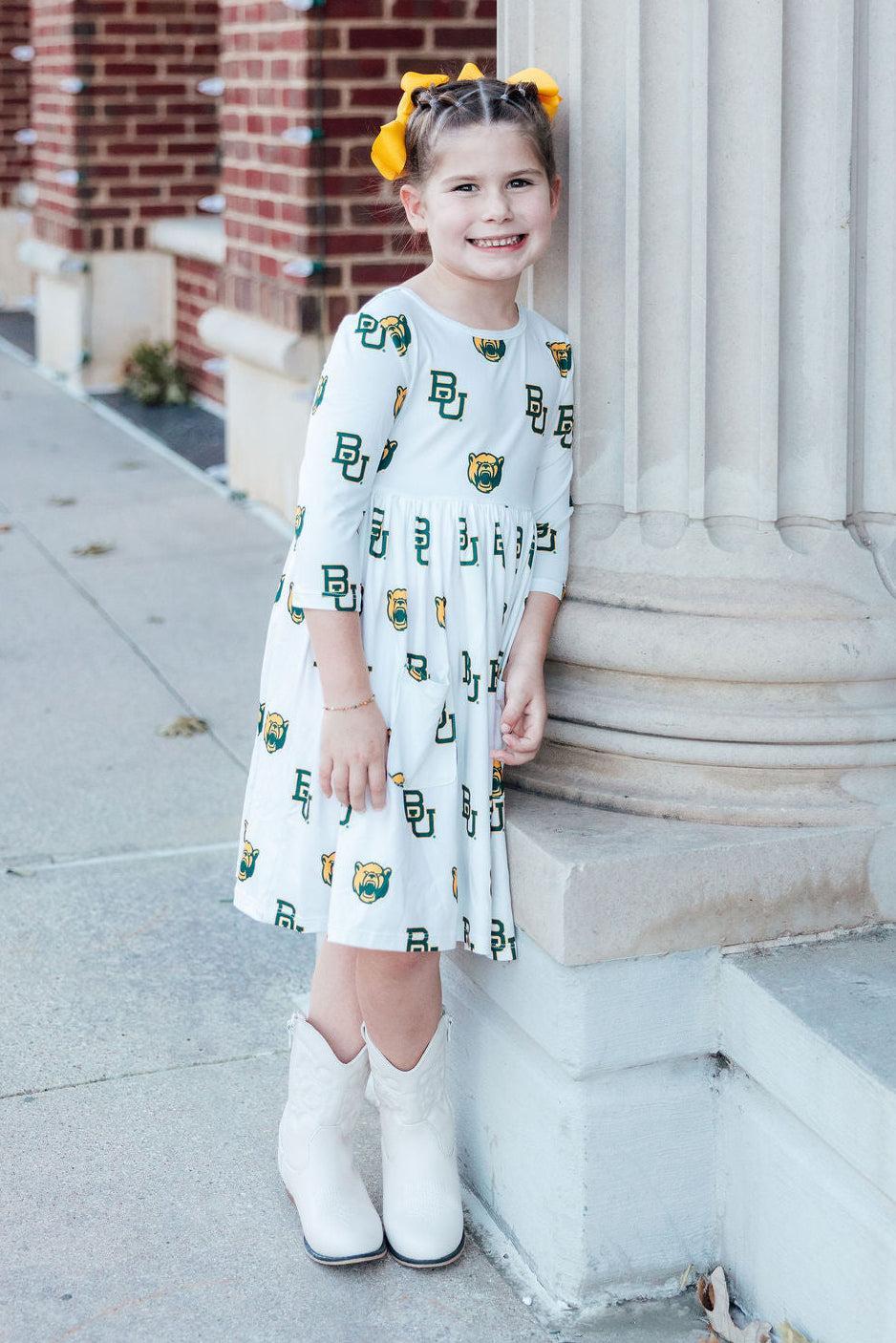 Baylor White Bear 3/4 Sleeve Pocket Twirl Dress - Aaria Tees Aaria Tees