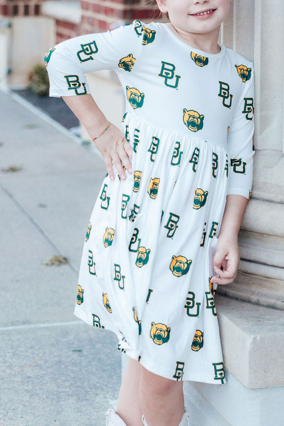 Baylor White Bear 3/4 Sleeve Pocket Twirl Dress - Aaria Tees Aaria Tees