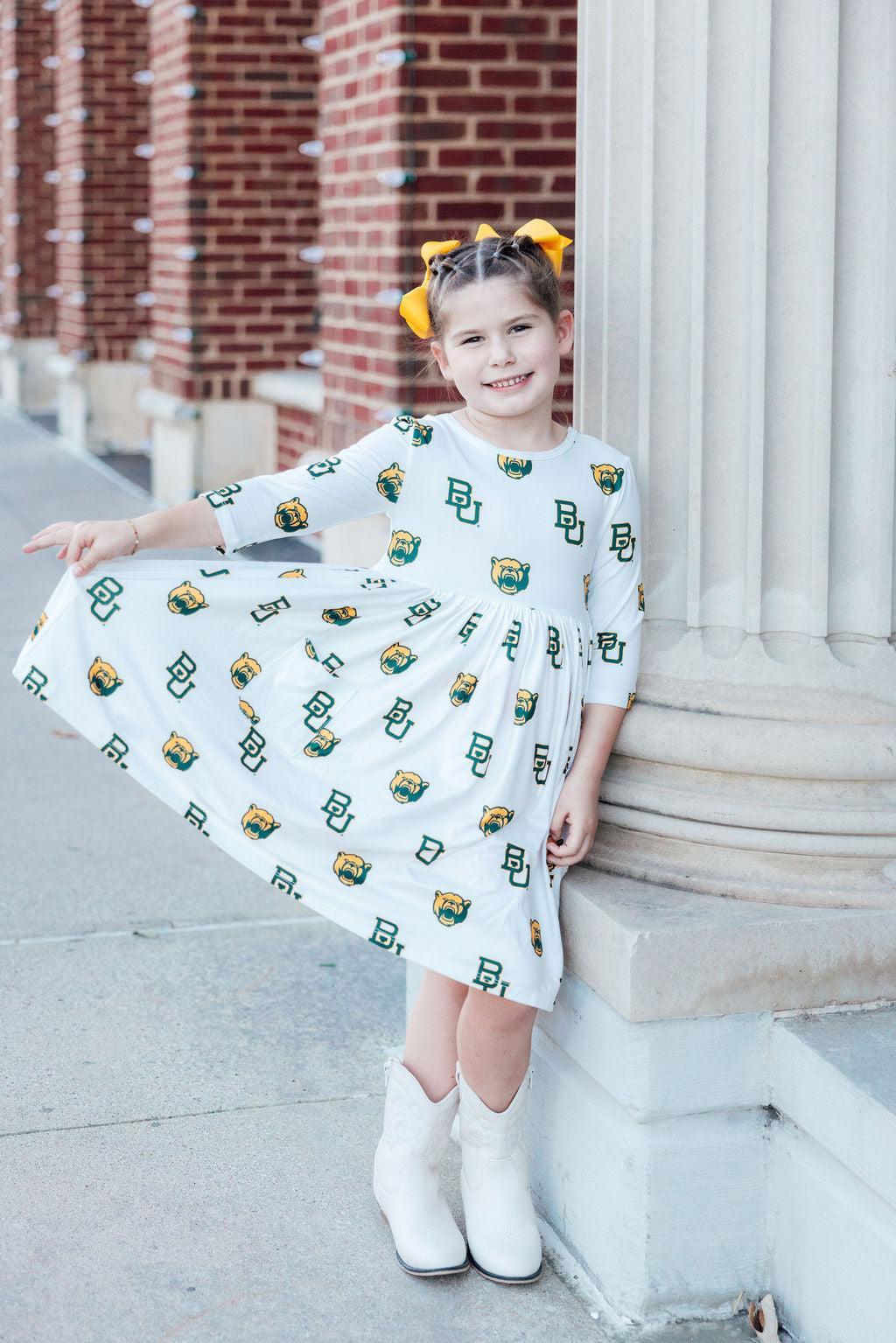 Baylor White Bear 3/4 Sleeve Pocket Twirl Dress - Aaria Tees Aaria Tees