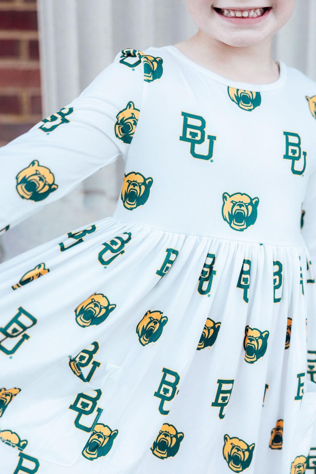 Baylor White Bear 3/4 Sleeve Pocket Twirl Dress - Aaria Tees