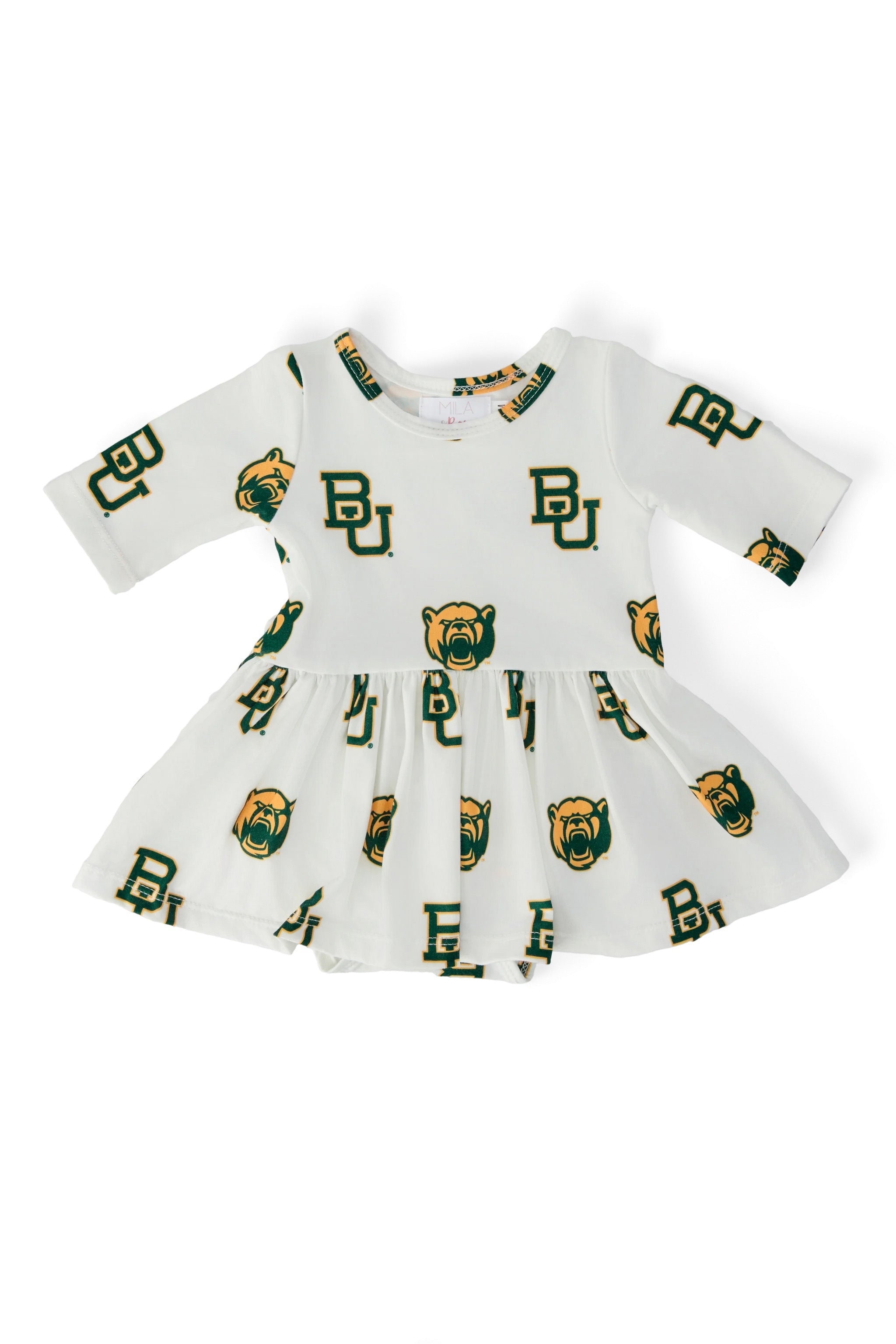 Baylor White Bear 3/4 Sleeve Twirl Bodysuit - Aaria Tees Aaria Tees