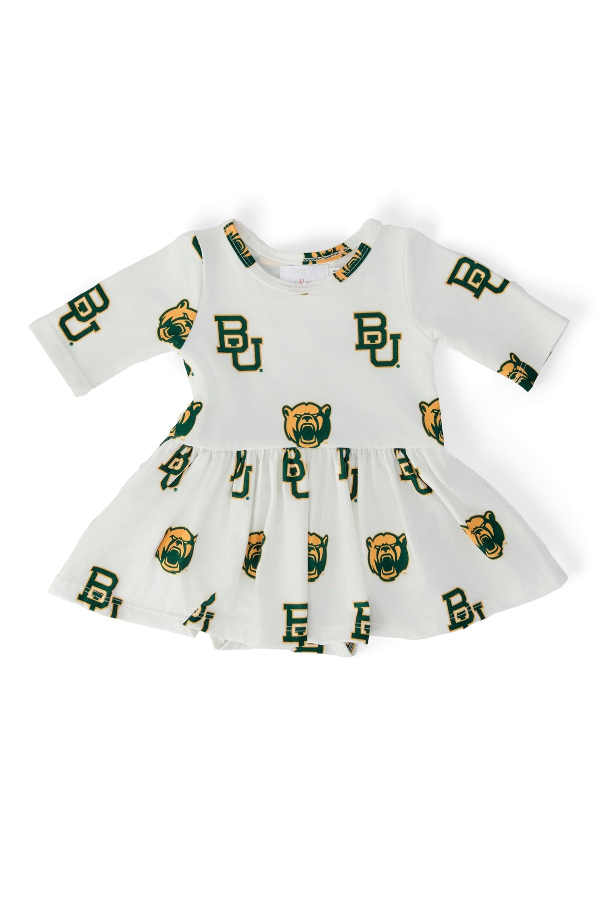 Baylor White Bear 3/4 Sleeve Twirl Bodysuit - Aaria Tees