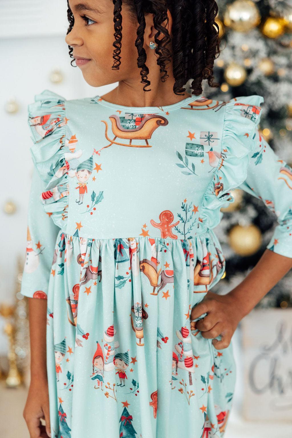 Believe in Your Elf 3/4 Sleeve Ruffle Twirl Dress - Aaria Tees Aaria Tees