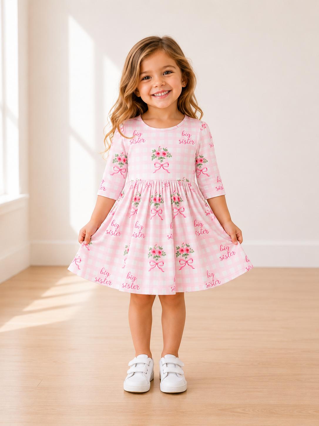 Big Sister Floral 3/4 Sleeve Pocket Twirl Dress - Aaria Tees