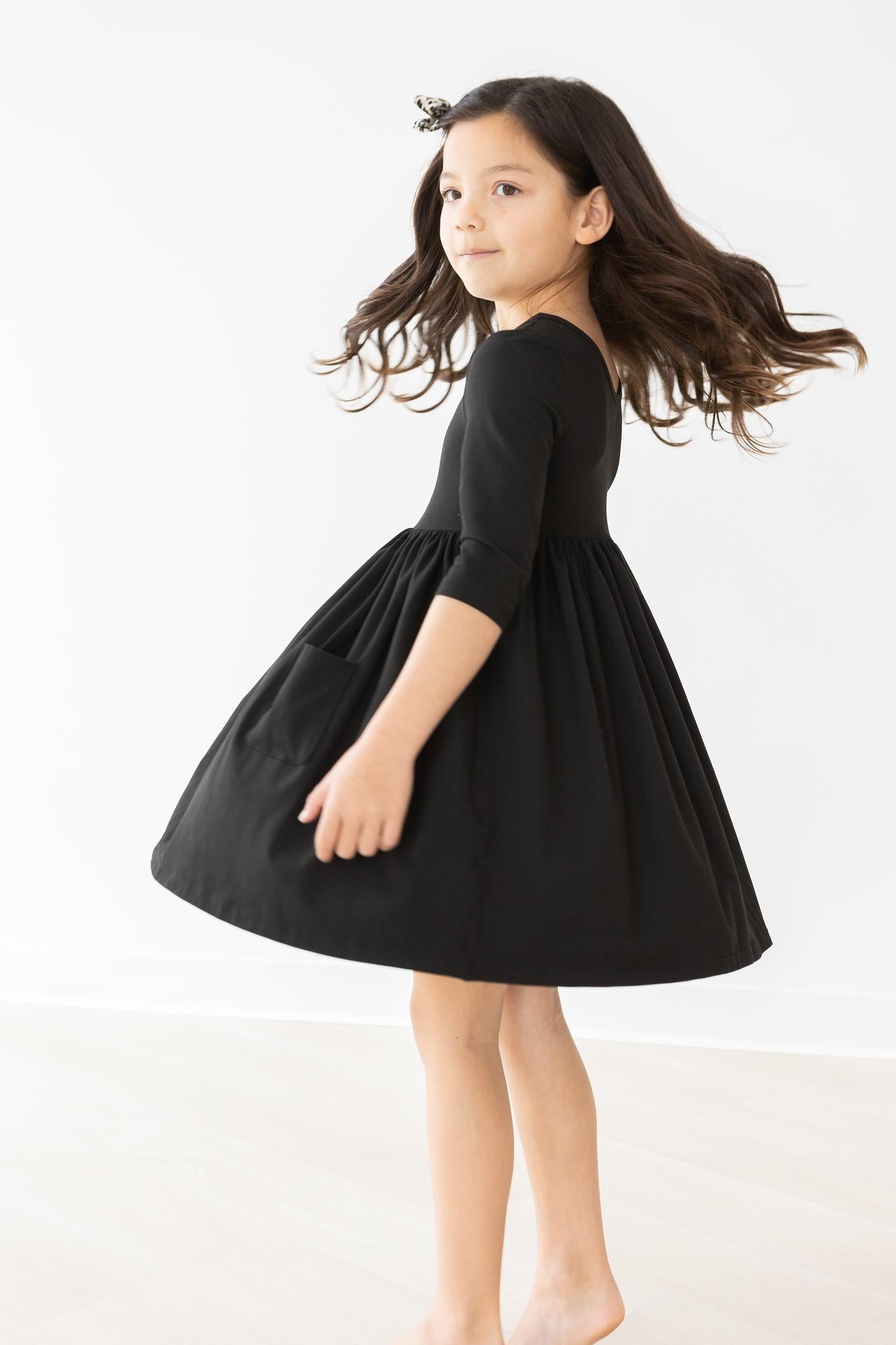 Black 3/4 Sleeve Pocket Twirl Dress - Aaria Tees Aaria Tees