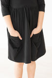 Black 3/4 Sleeve Pocket Twirl Dress - Aaria Tees Aaria Tees
