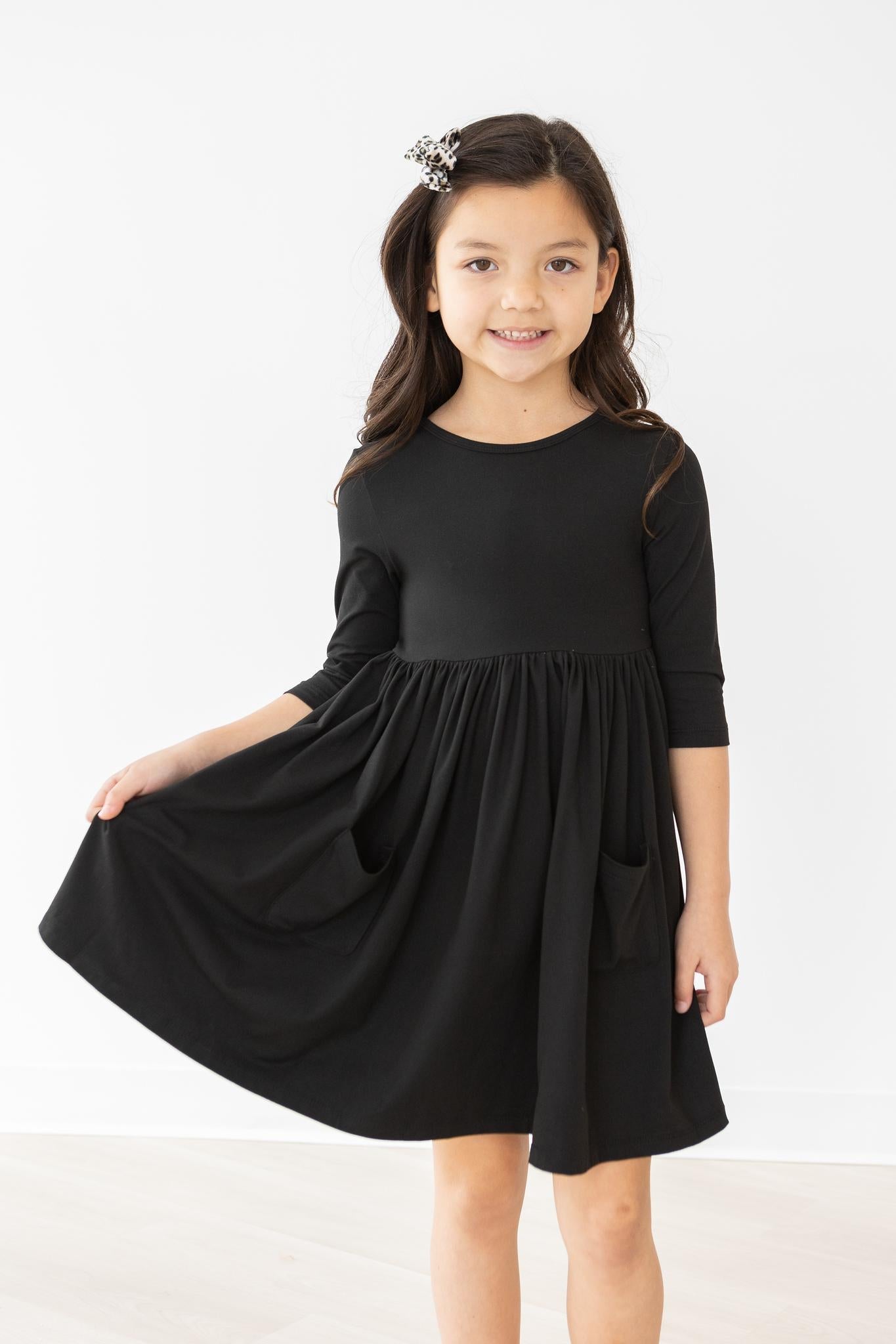 Black 3/4 Sleeve Pocket Twirl Dress - Aaria Tees Aaria Tees