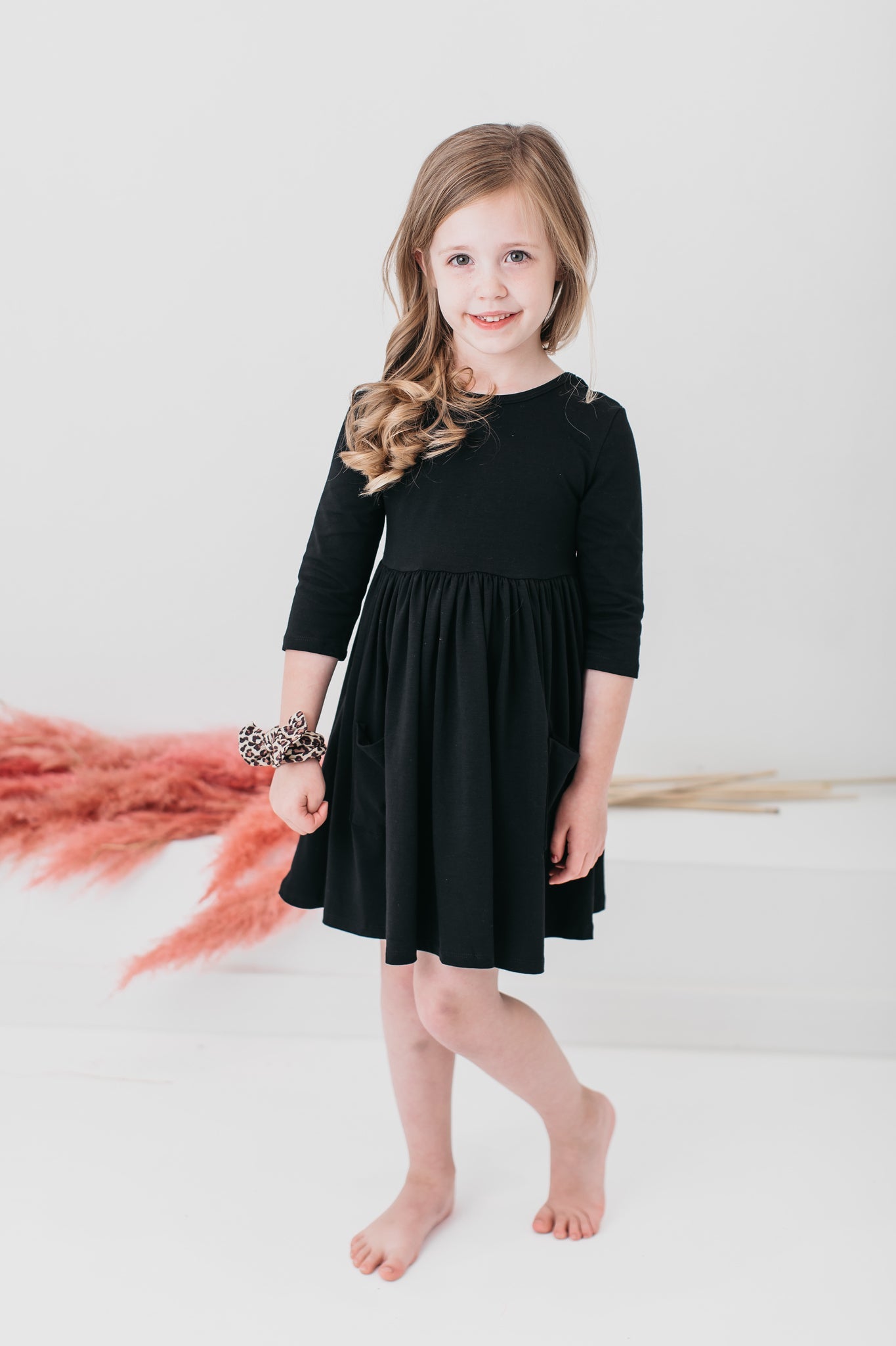 Black 3/4 Sleeve Pocket Twirl Dress - Aaria Tees Aaria Tees