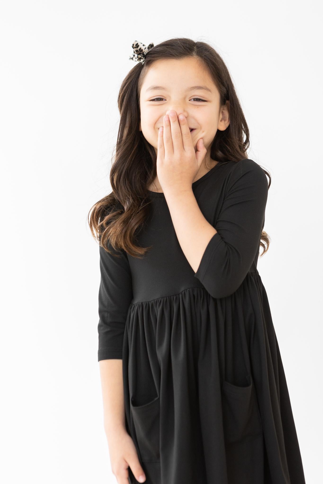 Black 3/4 Sleeve Pocket Twirl Dress - Aaria Tees Aaria Tees