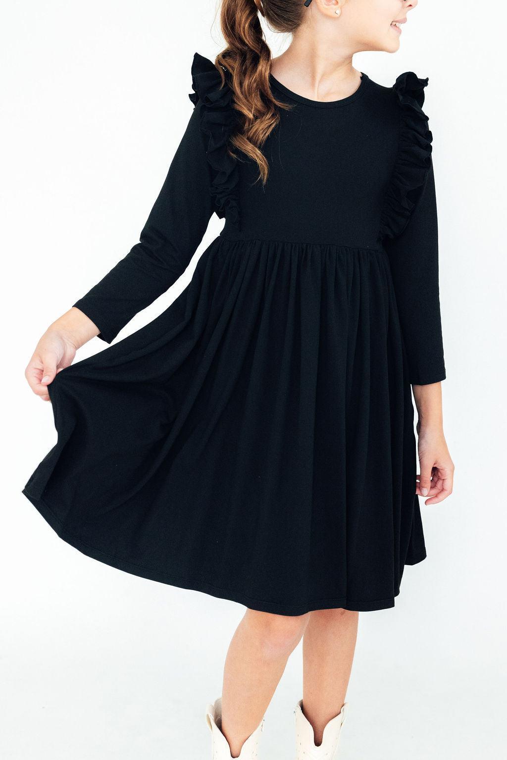 Black L/S Ruffle Twirl Dress - Aaria Tees Aaria Tees