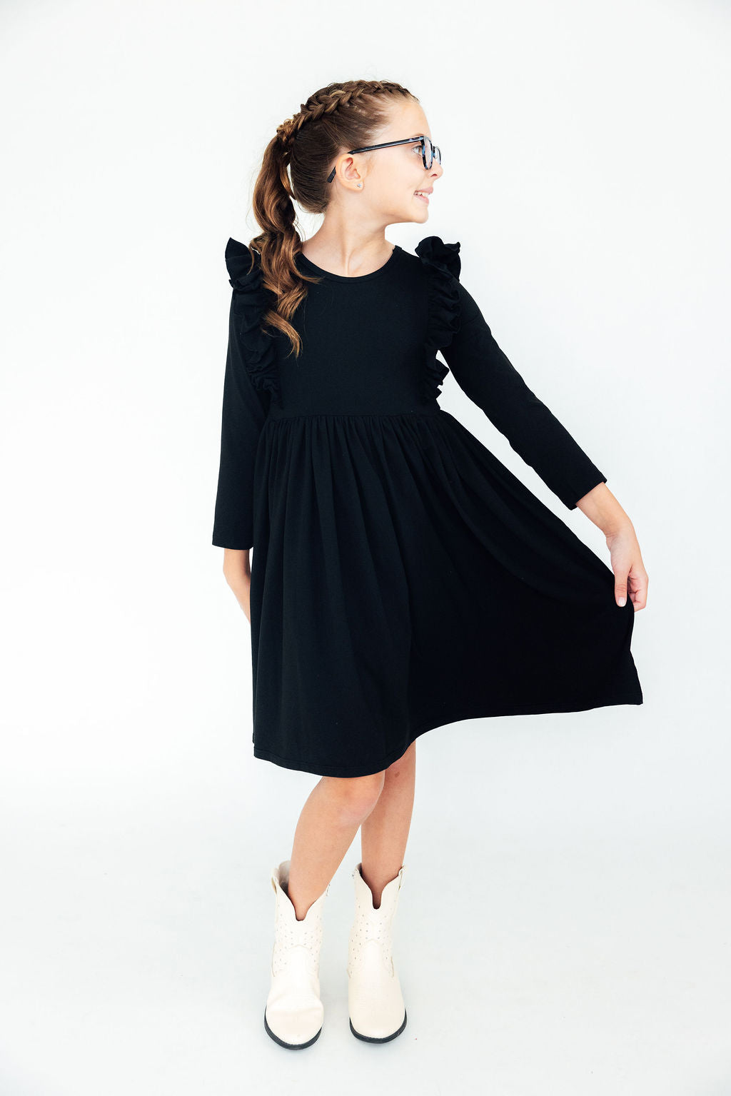 Black L/S Ruffle Twirl Dress - Aaria Tees Aaria Tees