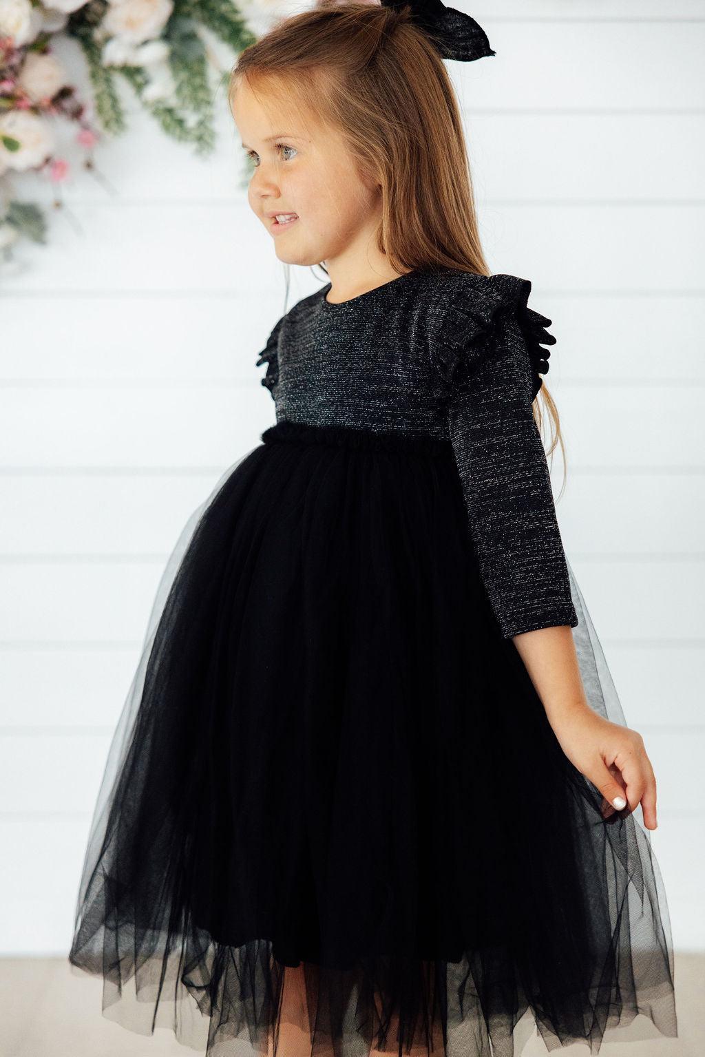Black Shimmer 3/4 Sleeve Tutu Dress - Aaria Tees Aaria Tees