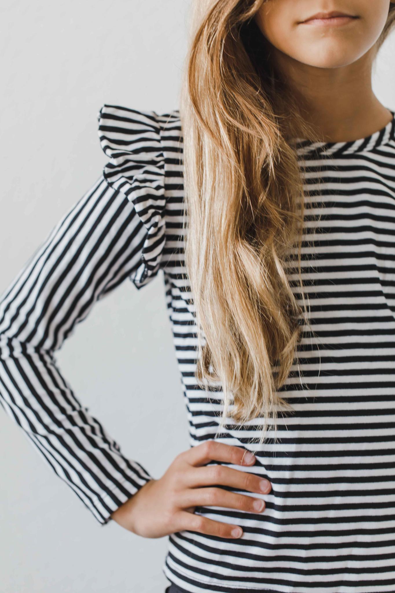 Black & White Stripe L/S Ruffle Tee - Aaria Tees Aaria Tees