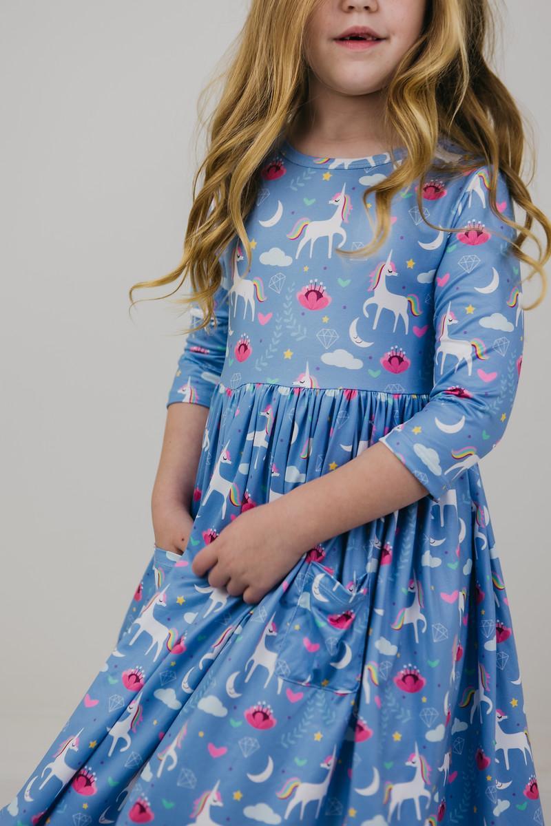 Blue Moon 3/4 Sleeve Pocket Twirl Dress - Aaria Tees Aaria Tees