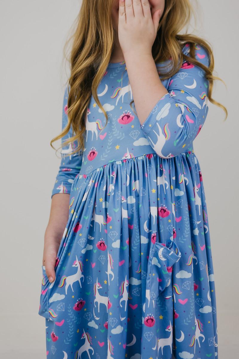 Blue Moon 3/4 Sleeve Pocket Twirl Dress - Aaria Tees Aaria Tees