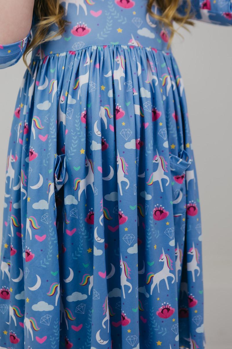 Blue Moon 3/4 Sleeve Pocket Twirl Dress - Aaria Tees